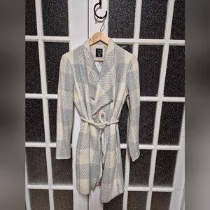 Dex wool blend wrap pea coat belted plaid white Grey medium Spring Jacket